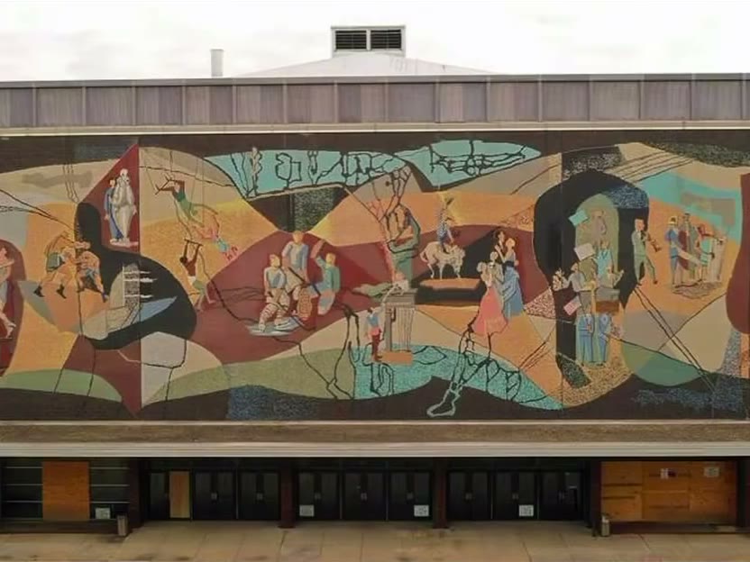 The restored Pershing Center mural at Wyuka Park